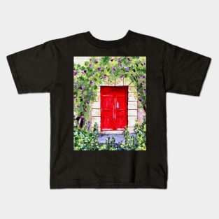 Rustic Red Door in the Woods Surrounded by Flowers Kids T-Shirt